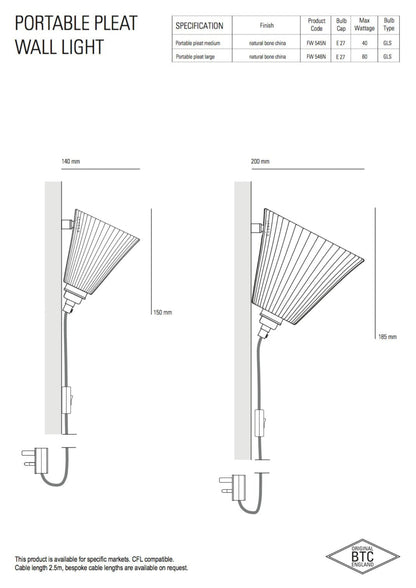 Original BTC Portable Pleat Wall Light