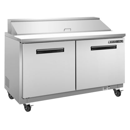 Maxx Cold Two-Door Refrigerated Sandwich and Salad Prep Station, 61"W, 15.5. cu. ft. Storage Capacity, Equipped with (16) 4” Deep Pans and Cutting Board, in Stainless Steel - MXCR60SHC