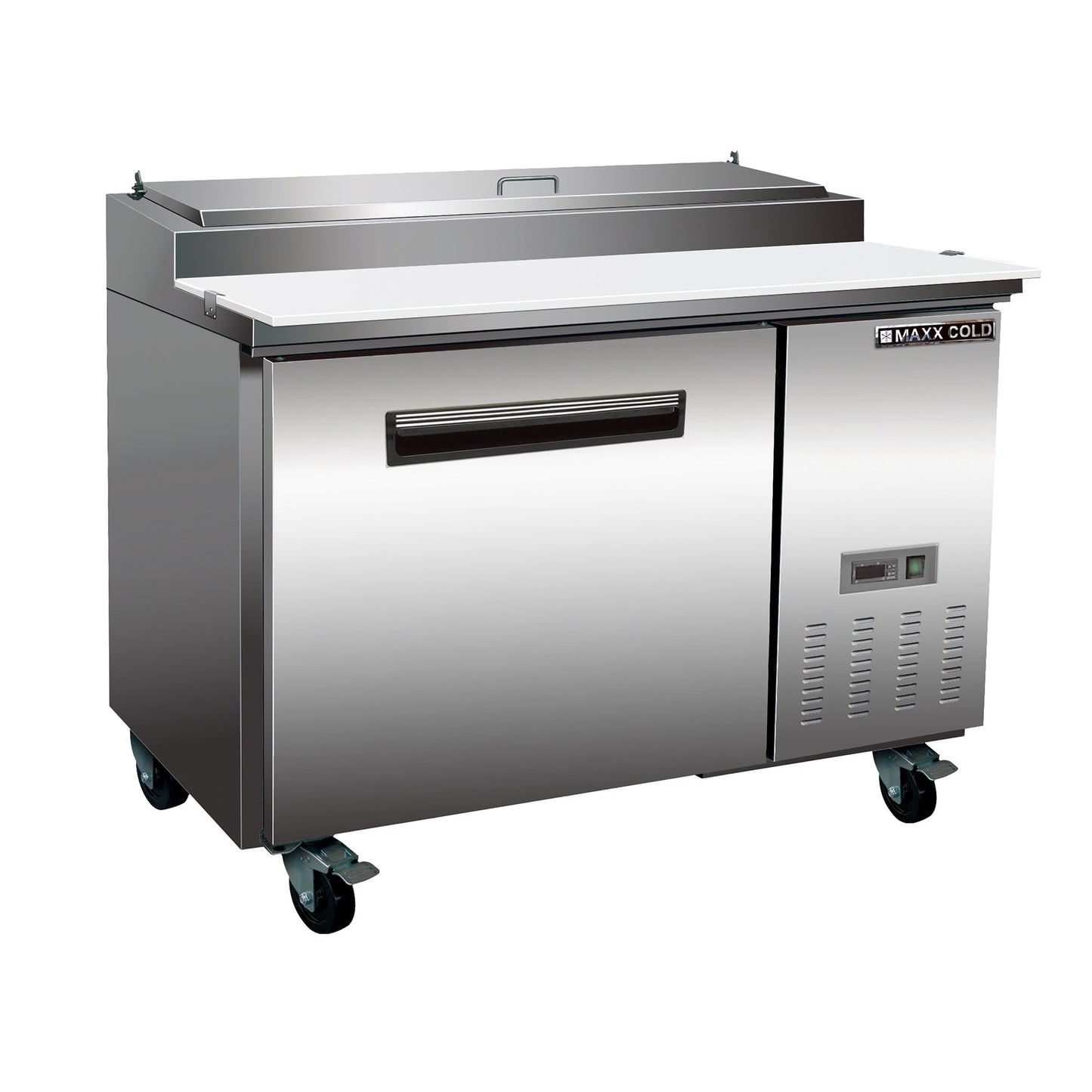 Maxx Cold One-Door Refrigerated Pizza Prep Table, 47.4”W, 12 cu. ft. Storage Capacity, Equipped with (6) 4” Deep Pans and Cutting Board, in Stainless Steel - MXCPP50HC