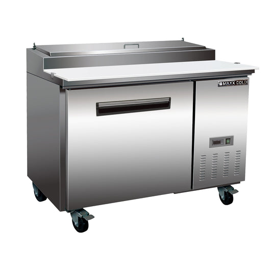 Maxx Cold One-Door Refrigerated Pizza Prep Table, 47.4”W, 12 cu. ft. Storage Capacity, Equipped with (6) 4” Deep Pans and Cutting Board, in Stainless Steel - MXCPP50HC
