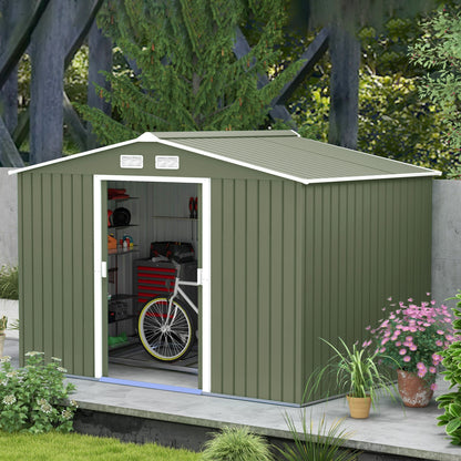 Outsunny EverBase 9' x 6' Outdoor Storage Shed with Foundation Kit, Double Lockable Door & Air Vents, Green - 845-031YG