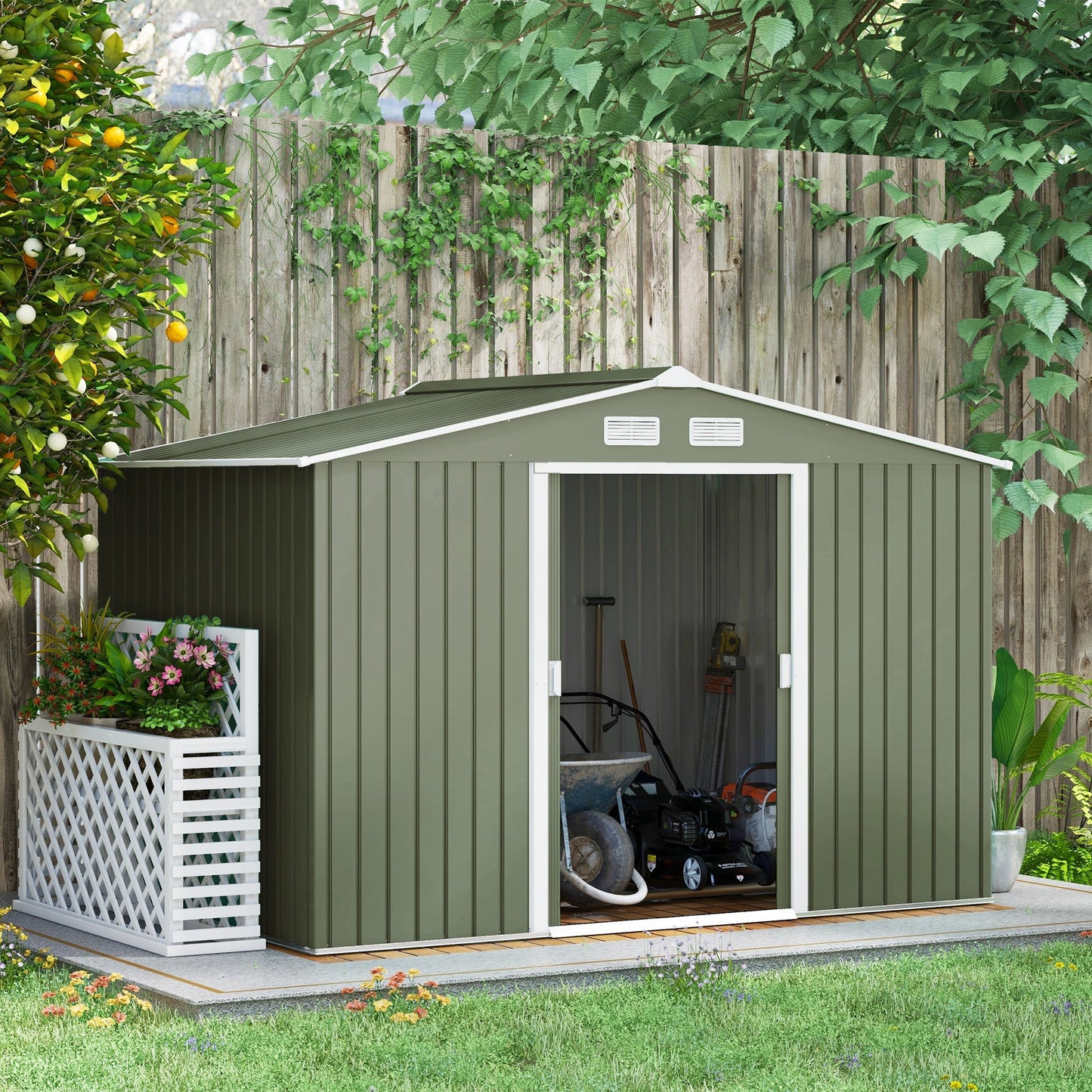 Outsunny EverBase 9' x 6' Outdoor Storage Shed with Foundation Kit, Double Lockable Door & Air Vents, Green - 845-031YG