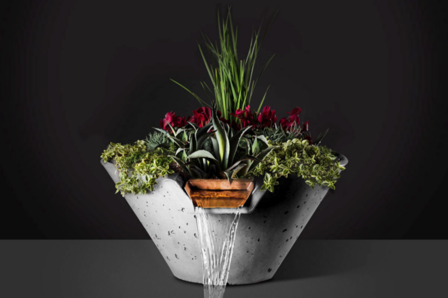 Slick Rock Concrete 22” Cascade Conical Planter and Water Bowl + Copper Scupper - KCC22CSCC