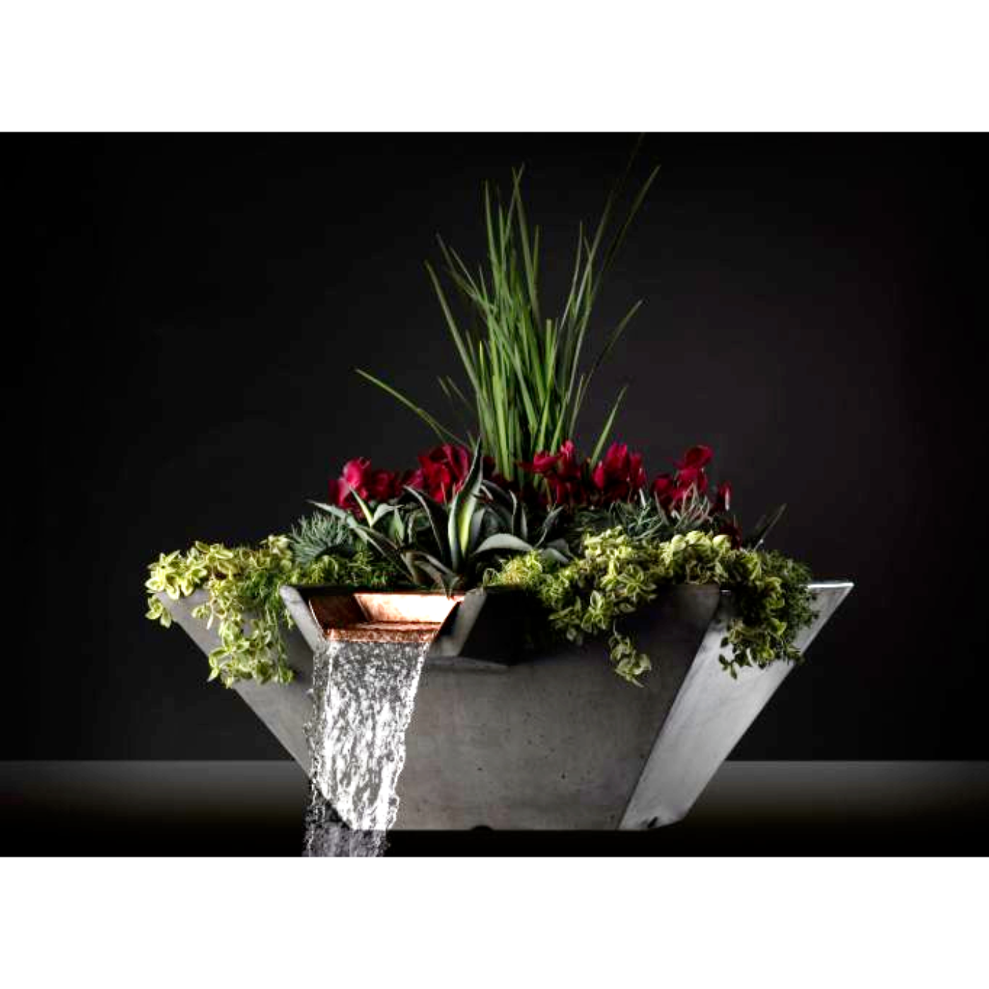 Slick Rock Concrete 22” Cascade Square Planter and Water Bowl + Copper Scupper - KCC22SSCC