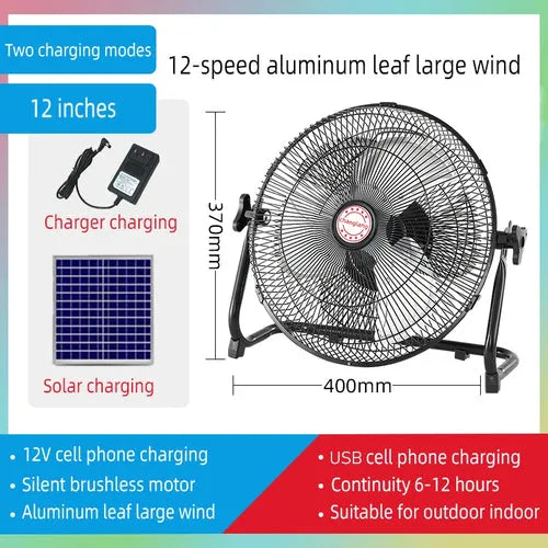 Solar Panel Fan Large Inch Camping Fans Rechargeable Powerful Blower