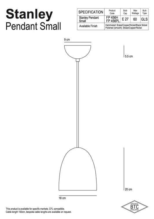 Original BTC Stanley 1 Black  Pendant - Hammered Finish