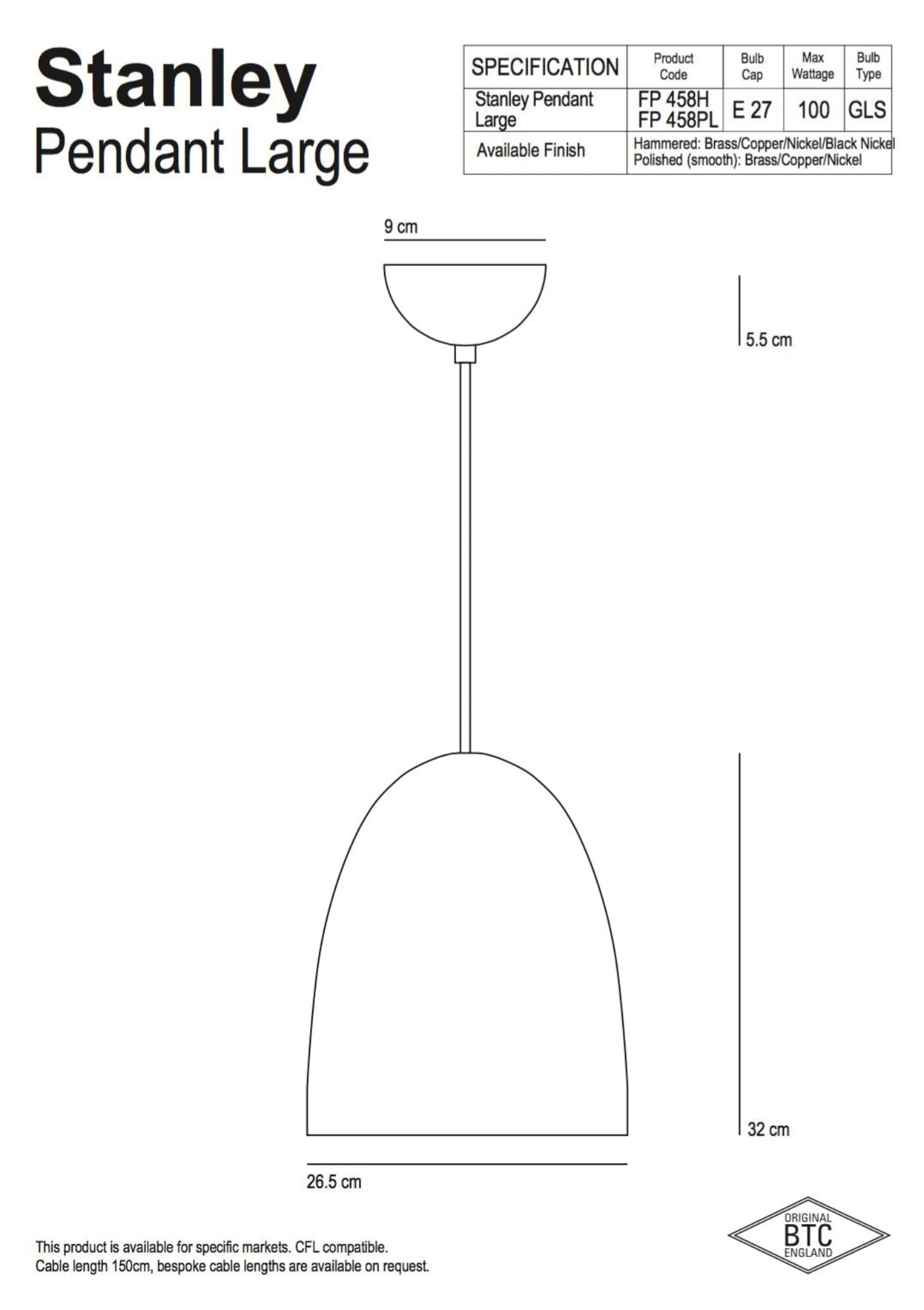 Original BTC Stanley 3 Black  Pendant - Hammered Finish