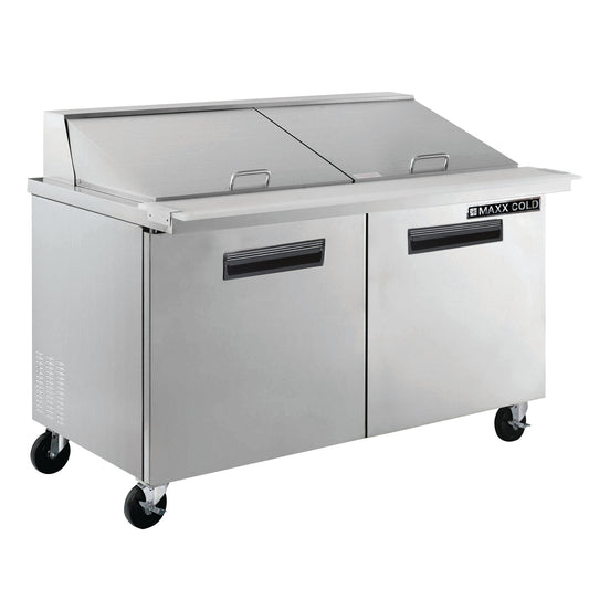 Maxx Cold Two-Door Refrigerated Megatop Prep Unit, 61"W, 15.5 cu. ft. Storage Capacity, Equipped with (24) 4" Deep Pans and Cutting Board, in Stainless Steel - MXCR60MHC