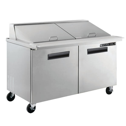 Maxx Cold Two-Door Refrigerated Megatop Prep Unit, 61"W, 15.5 cu. ft. Storage Capacity, Equipped with (24) 4" Deep Pans and Cutting Board, in Stainless Steel - MXCR60MHC