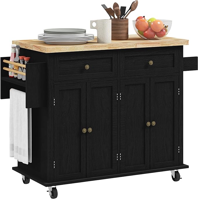 HomCom Kitchen Island on Wheels, Rolling Cart with Rubberwood Top - B0BLMCTYZS-1