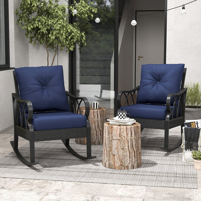 Outsunny 2 Pc Patio Wicker Rocking Chairs with Removable Cushions, Outdoor Rattan Rockers, Blue - 867-048V01DB