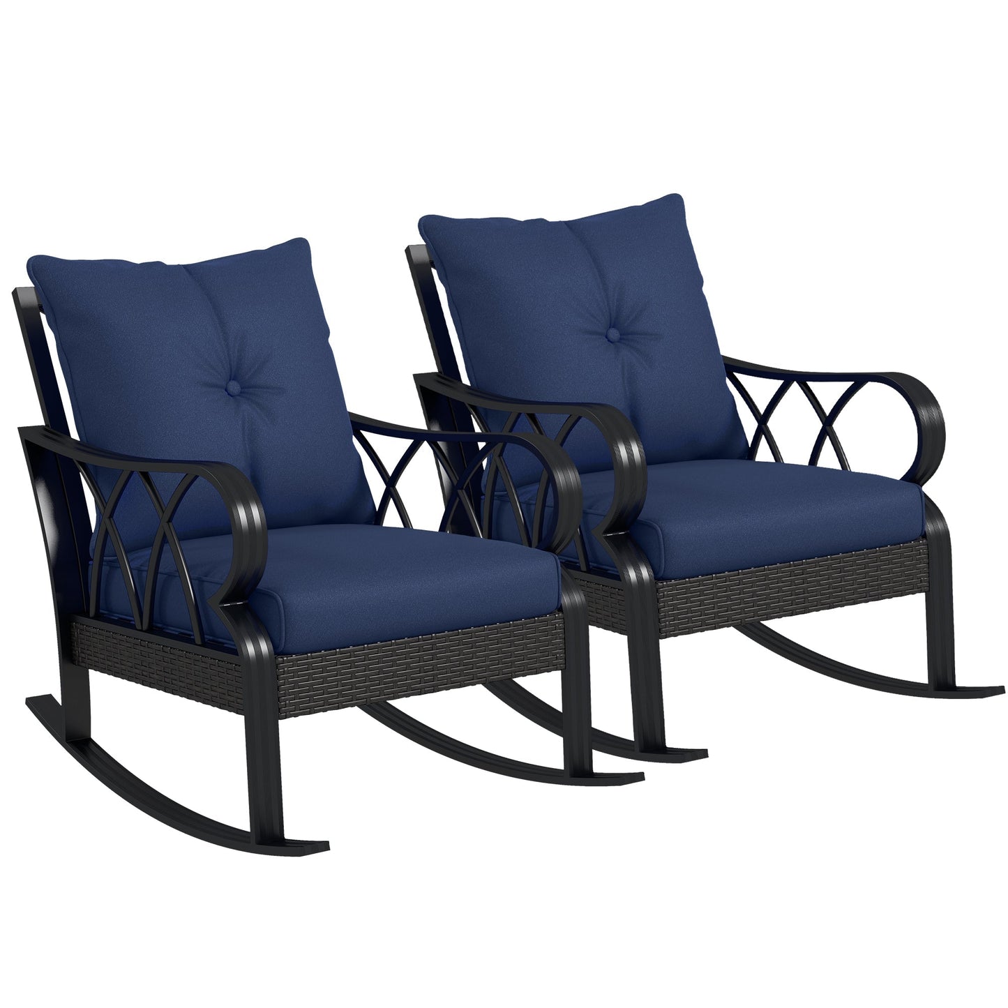 Outsunny 2 Pc Patio Wicker Rocking Chairs with Removable Cushions, Outdoor Rattan Rockers, Blue - 867-048V01DB