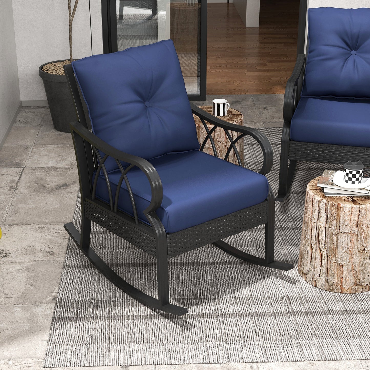 Outsunny 2 Pc Patio Wicker Rocking Chairs with Removable Cushions, Outdoor Rattan Rockers, Blue - 867-048V01DB