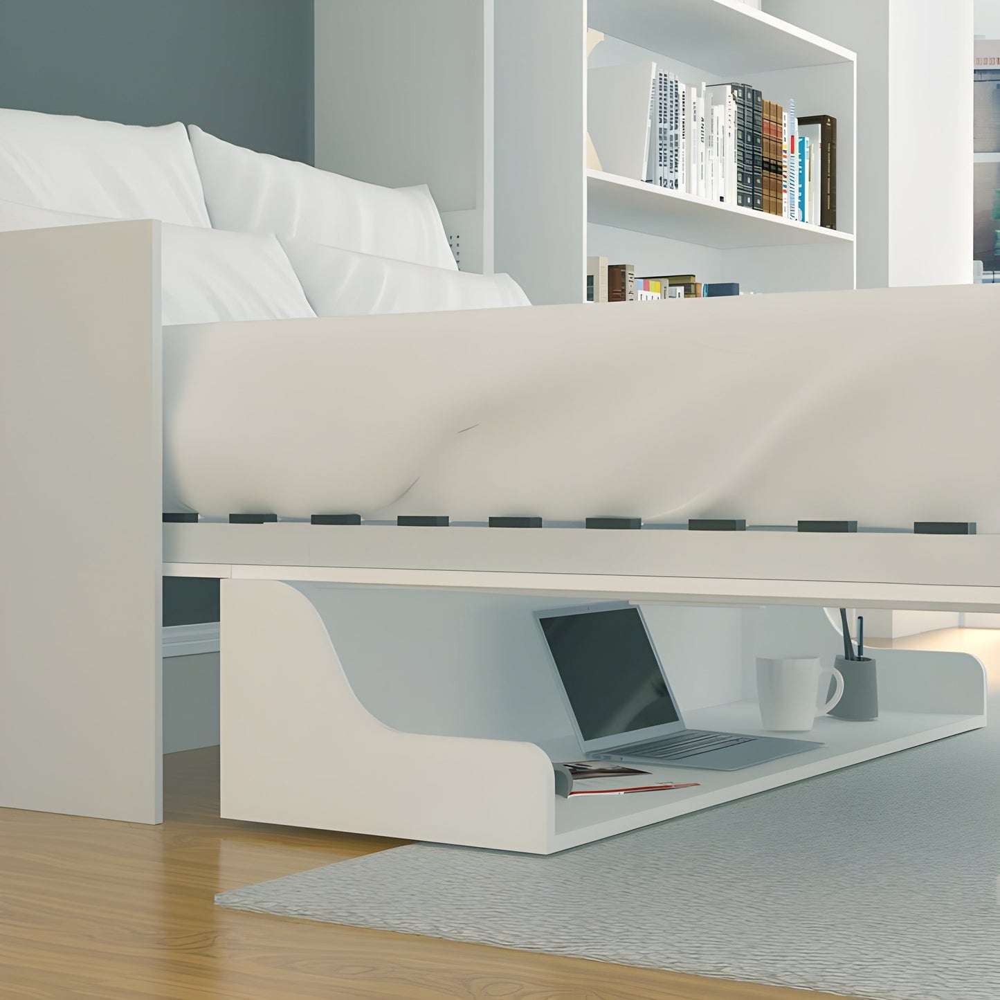 Murphy Bed With Desk & 2 Storage Cabinets, Double Size, White by Leto Muro