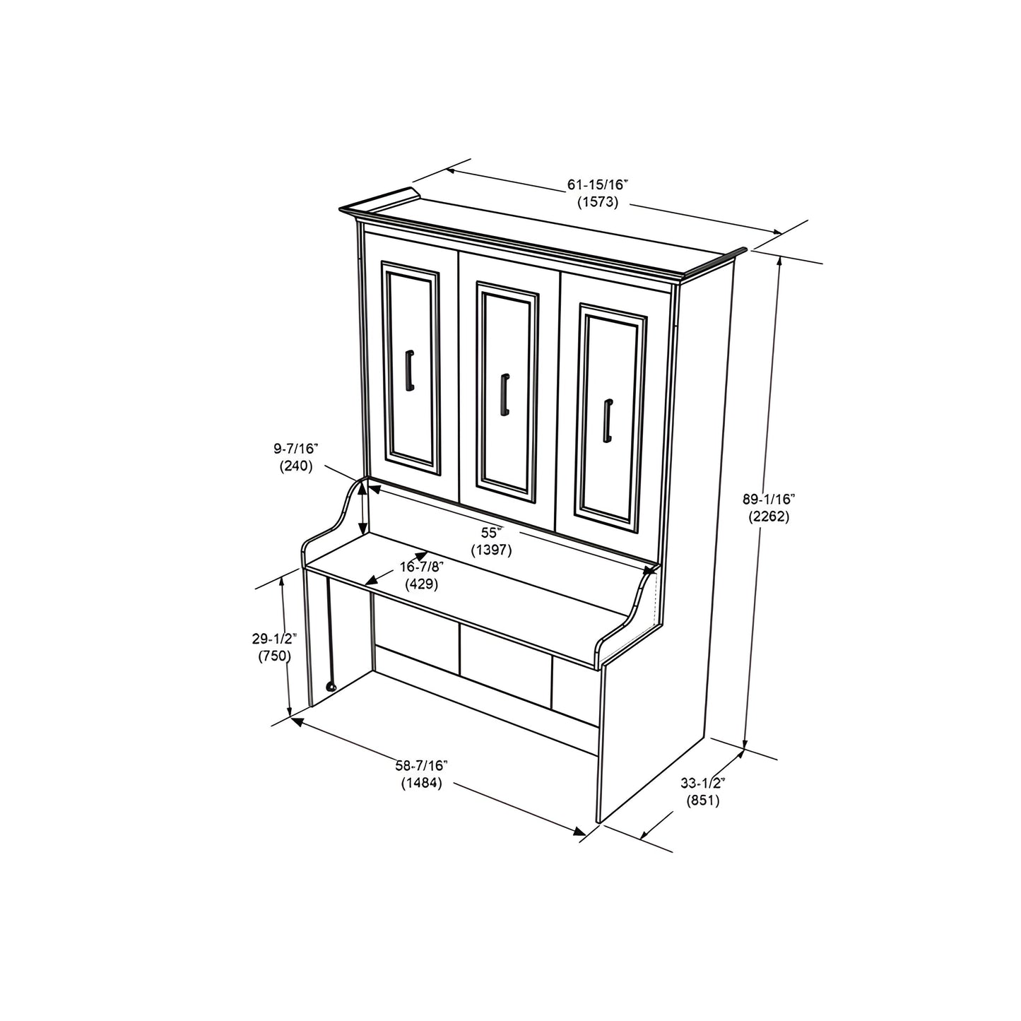 Murphy Bed With Desk & Storage Cabinet, Double Size, White by Leto Muro