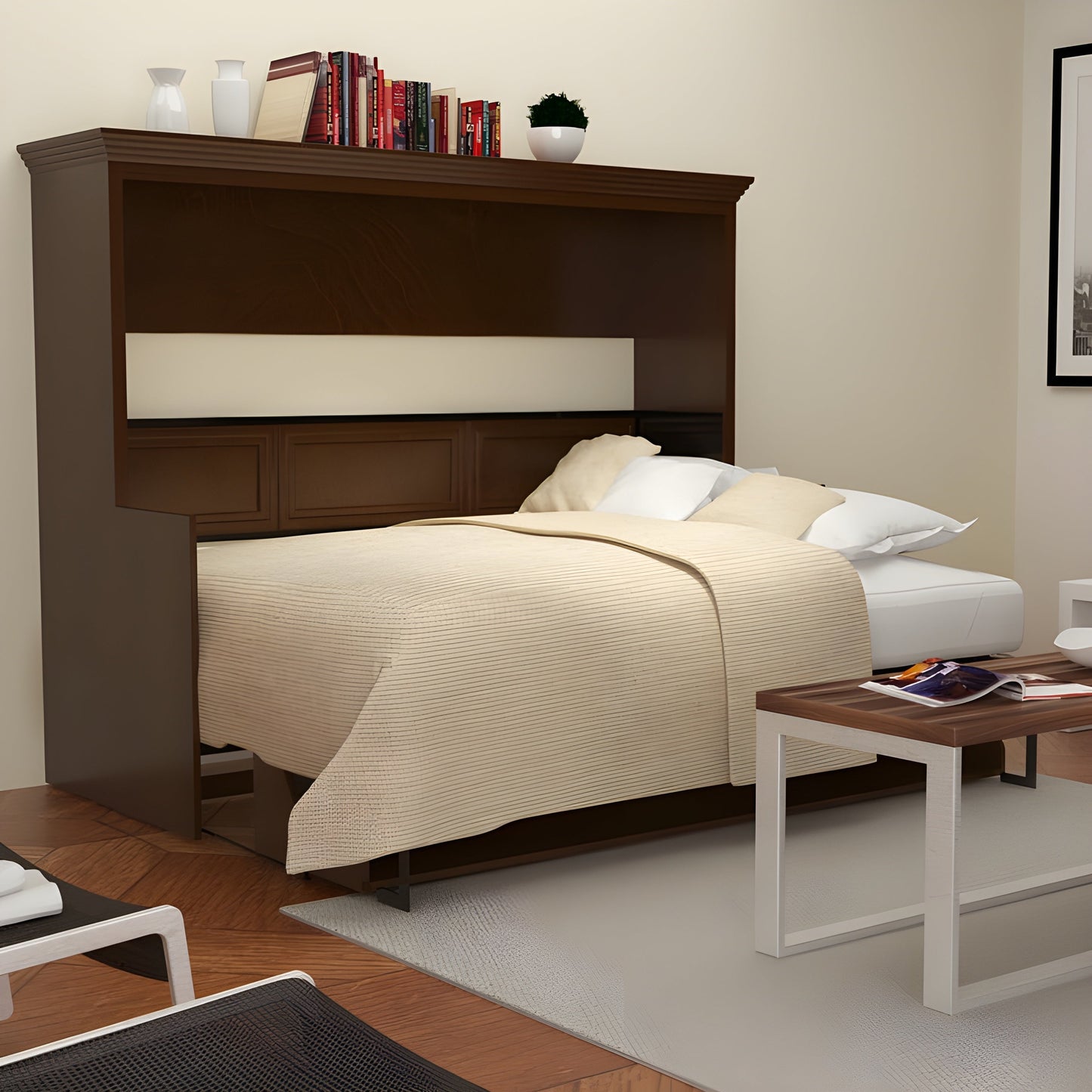 Murphy Bed With Desk, Full Size, Walnut Landscape Series by Leto Muro