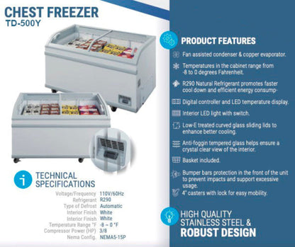 Chef AAA Commercial 56" Glass Door Frozen Food or Ice Cream Chest Freezer Display -  TD-500Y