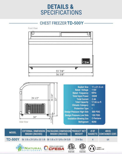 Chef AAA Commercial 56" Glass Door Frozen Food or Ice Cream Chest Freezer Display -  TD-500Y