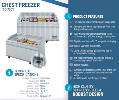 Chef AAA Commercial 79" Glass Door Frozen Food or Ice Cream Chest Freezer Display - TD-700Y