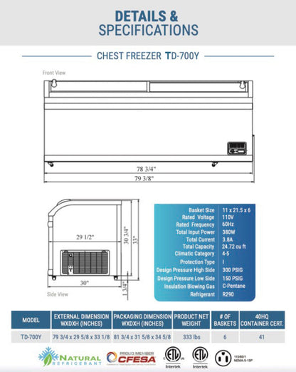 Chef AAA Commercial 79" Glass Door Frozen Food or Ice Cream Chest Freezer Display - TD-700Y