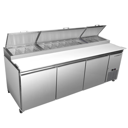 Maxx Cold 92" Three-Door Refrigerated Pizza Prep Table, 30.87 cu. ft., (12) 4" Pans, Cutting Board, Stainless Steel - MXSPP92HC