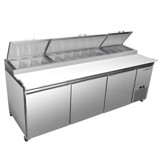 Maxx Cold 92" Three-Door Refrigerated Pizza Prep Table, 30.87 cu. ft., (12) 4" Pans, Cutting Board, Stainless Steel - MXSPP92HC