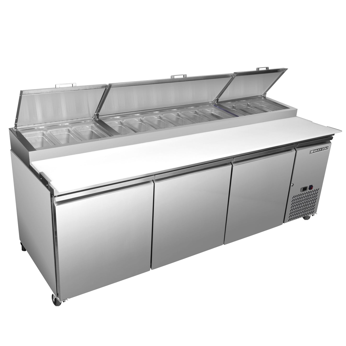 Maxx Cold 92" Three-Door Refrigerated Pizza Prep Table, 30.87 cu. ft., (12) 4" Pans, Cutting Board, Stainless Steel - MXSPP92HC