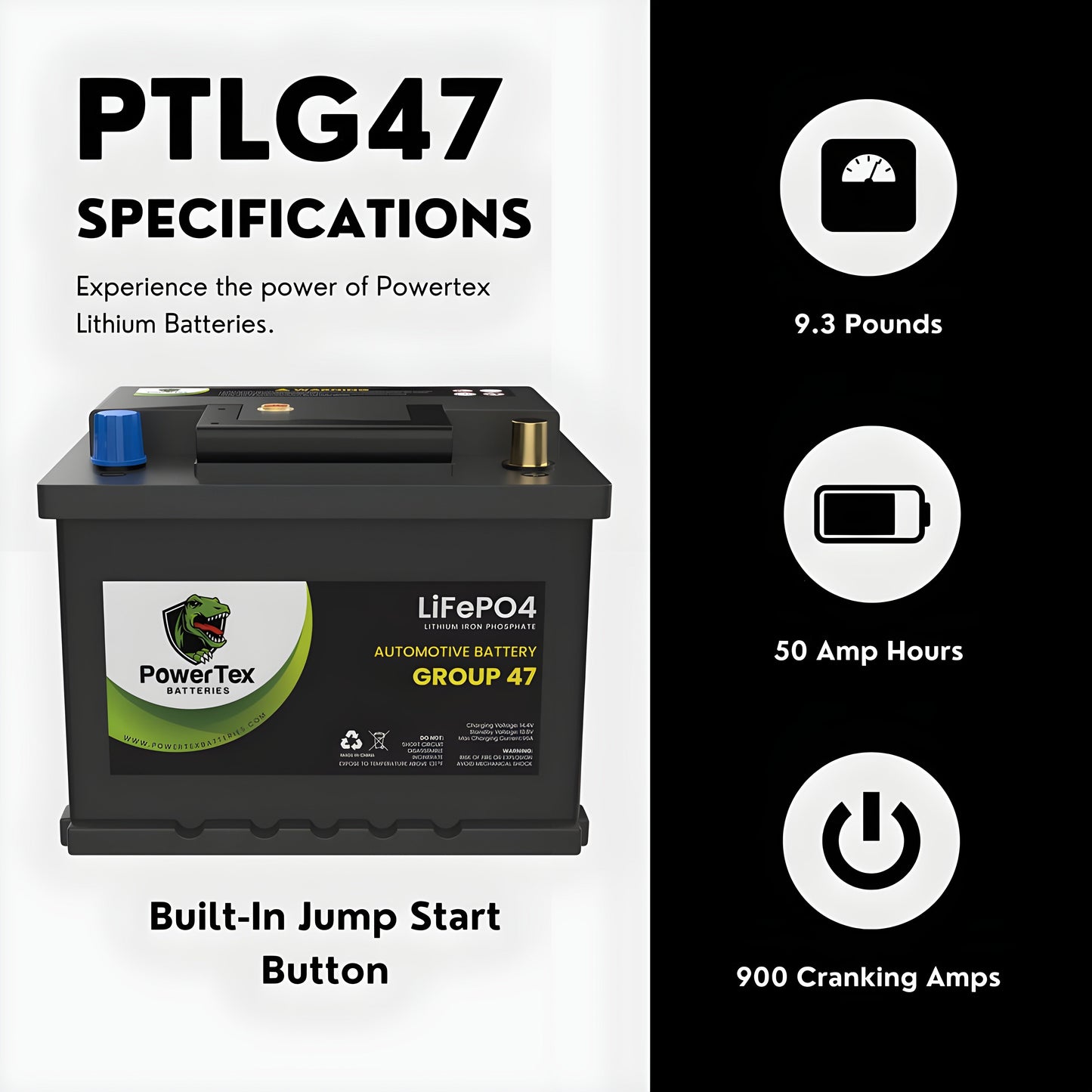 PowerTex2023 Toyota Venza L4 2.5LReplacement Car Battery BCI Group 47 Lithium LiFePO4 Automotive Powertex Battery - PTLG47-070