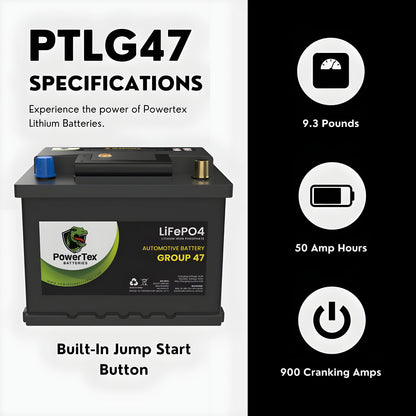 PowerTex2023 Toyota Venza L4 2.5LReplacement Car Battery BCI Group 47 Lithium LiFePO4 Automotive Powertex Battery - PTLG47-070