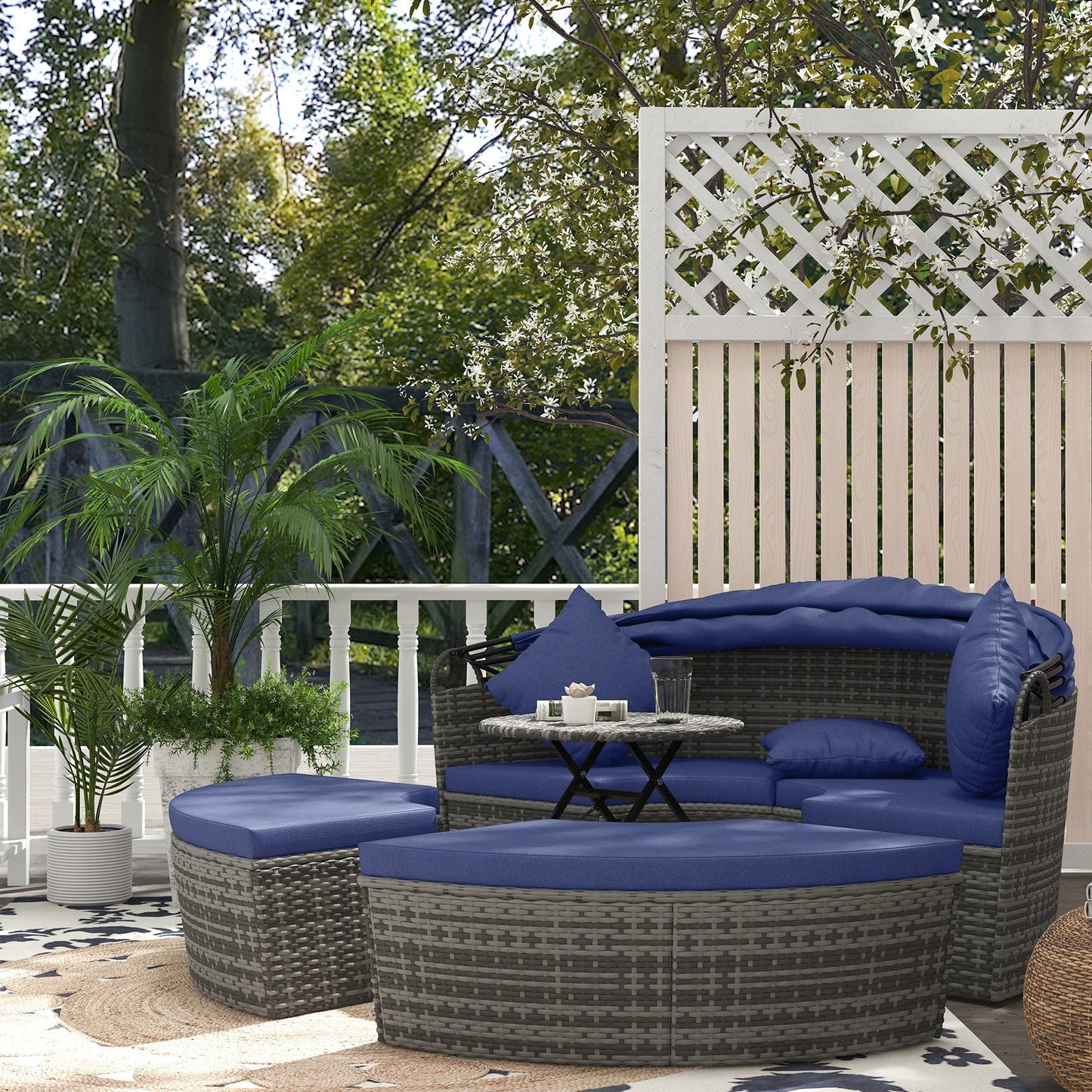Outsunny Round Outdoor Daybed with Canopy, 4-Piece Sectional Outdoor Sofa, 3 Chairs, Tea Table, Dark Blue - 862-047V00DB
