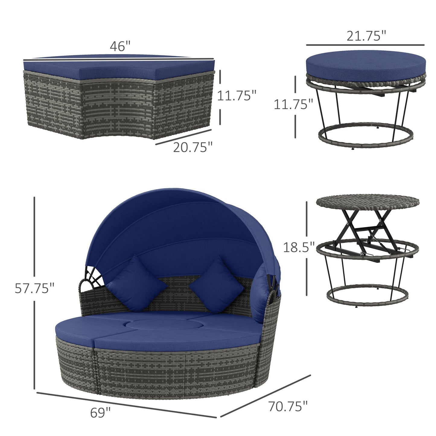 Outsunny Round Outdoor Daybed with Canopy, 4-Piece Sectional Outdoor Sofa, 3 Chairs, Tea Table, Dark Blue - 862-047V00DB